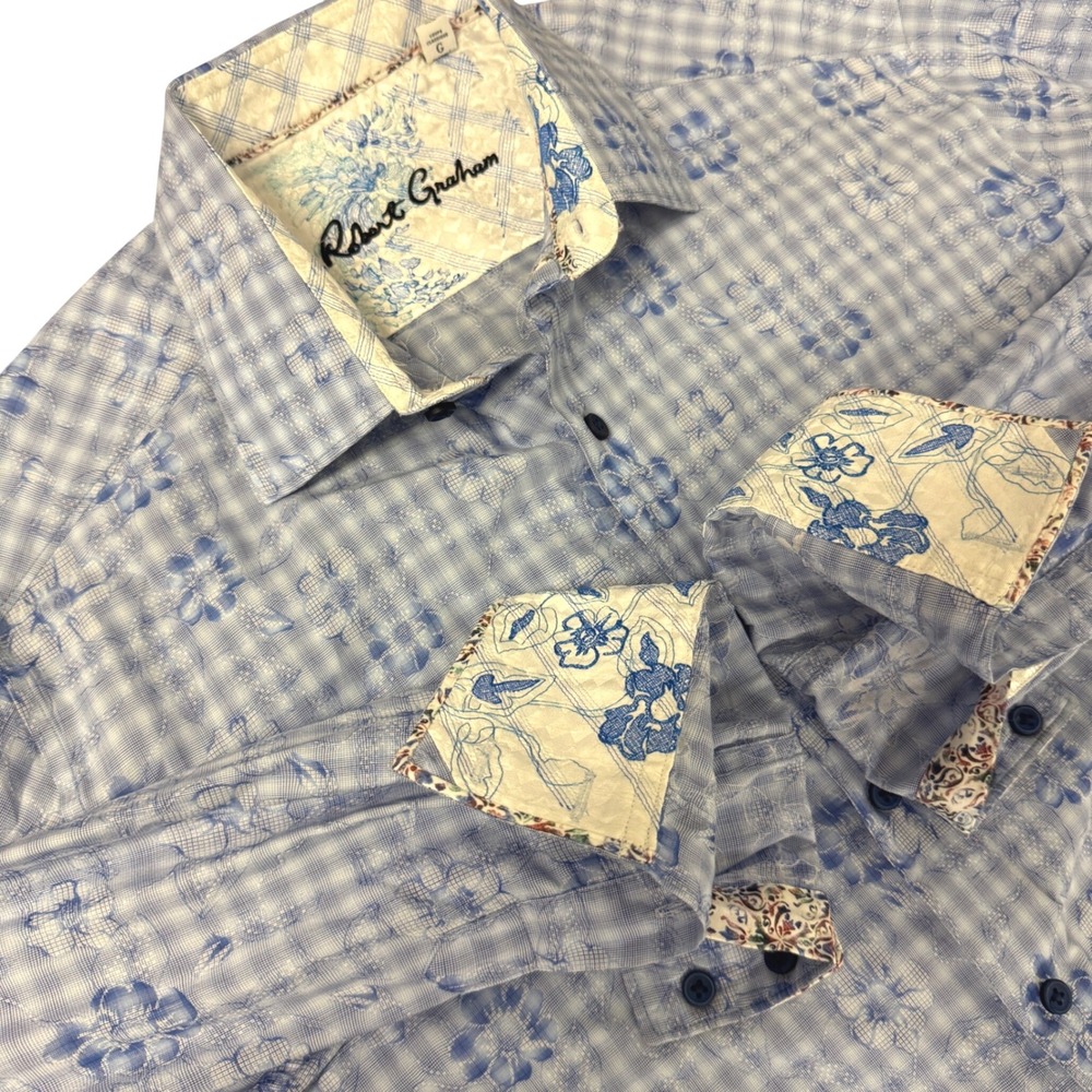 Robert Graham Mens Classic Fit Blue Floral Gingham Button Down Shirt Large